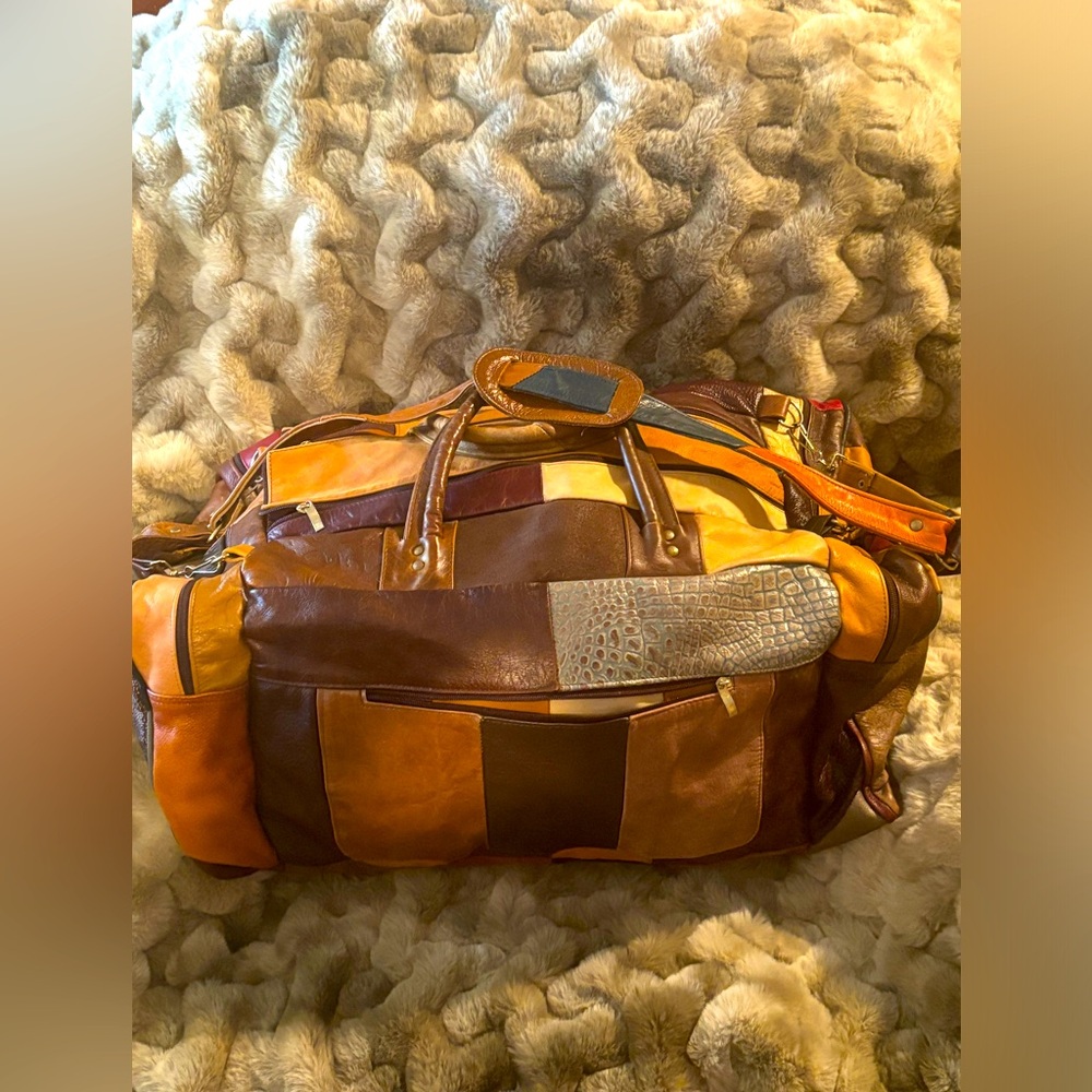 Handmade patchwork, genuine, leather duffel bag, one of a kind from Mexico